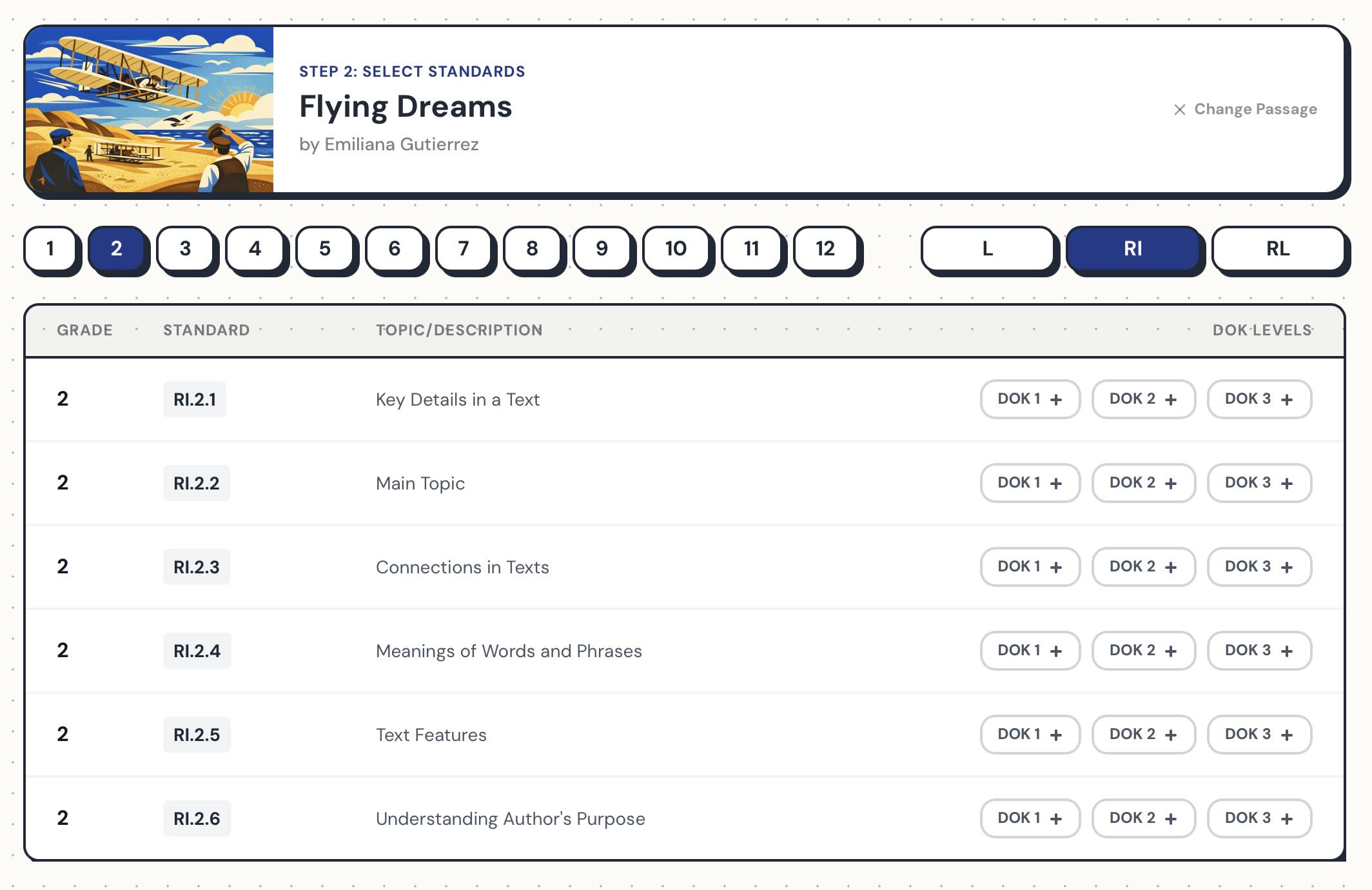 StandardSet assessment configuration screen